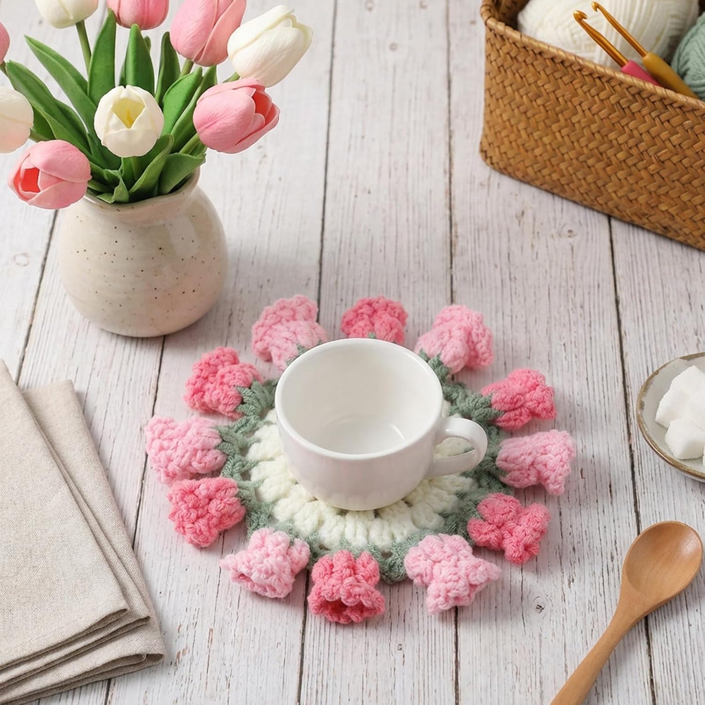 Flower Crochet Coasters Set with Mini Basket, Knitting Pink Rose Potted Plants, Handmade Bouquet Blanket Coaster, Fun Soft Floral Table Decorative for Coffee Table Wedding Gift Housewarming Birthday