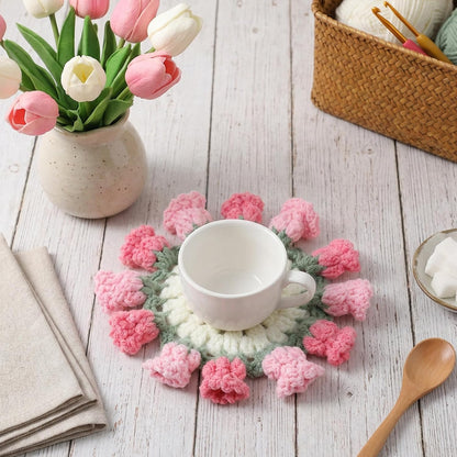 Flower Crochet Coasters Set with Mini Basket, Knitting Pink Rose Potted Plants, Handmade Bouquet Blanket Coaster, Fun Soft Floral Table Decorative for Coffee Table Wedding Gift Housewarming Birthday
