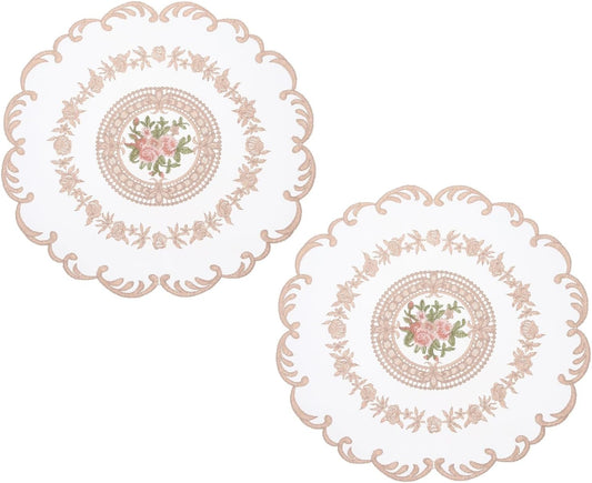 uxcell 2Pcs Retro Lace Placemats, 12.6" Vintage Table Doilies Dining Table Place Mats Lace Embroidered Place Mats French Crochet Doilies for Wedding Home Kitchen Decoration, Light Pink