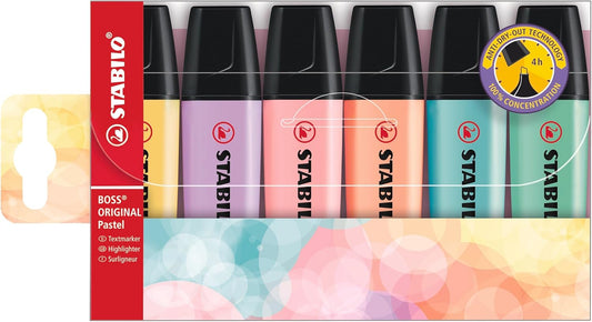 STABILO - BOSS ORIGINAL Pastel - Highlighter - Pack of 6 - Milky Yellow, Creamy Peach, Pink Blush, Lilac Haze, Hint of Mint, Touch of Turquoise