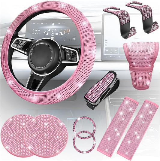 11PCS/Set Bling Car Accessories Set for Women, Rhinestone Vehicle Steering Wheel Cover Seat Belt Cushion Gear Shift Protector Cup Holder Coaster, Universal Automotive Accessories (All Pink)