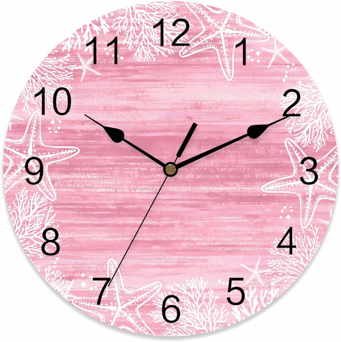 Wall Clock Pink Coral Starfish Clocks PVC Silent Non-Ticking Battery Operated Decorative Summer Ocean Beach Shell Round Clock for Home Living Room Kitchen Bedroom Office School Wall Decor 10 Inch