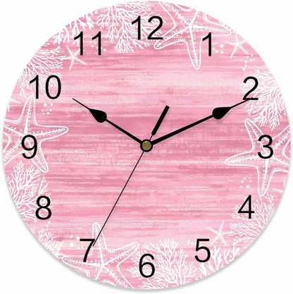 Wall Clock Pink Coral Starfish Clocks PVC Silent Non-Ticking Battery Operated Decorative Summer Ocean Beach Shell Round Clock for Home Living Room Kitchen Bedroom Office School Wall Decor 10 Inch