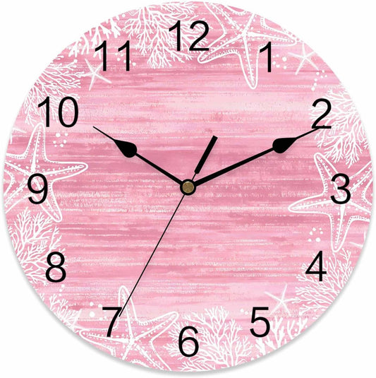 Wall Clock Pink Coral Starfish Clocks PVC Silent Non-Ticking Battery Operated Decorative Summer Ocean Beach Shell Round Clock for Home Living Room Kitchen Bedroom Office School Wall Decor 10 Inch