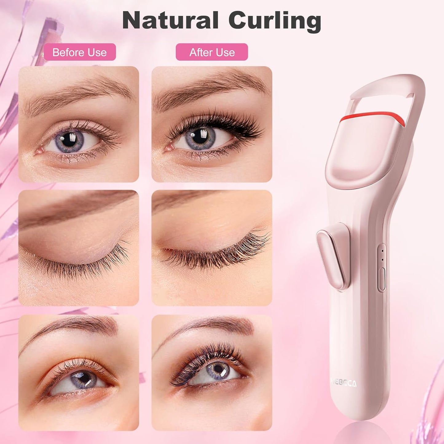 HEBECA Heated Eyelash Curler Professional - Eye Lashes Curler with Innovative Heating Silicone, Electric Eyelashes Curler with 600mAh Rechargeable Battery EC4001 (Pink)
