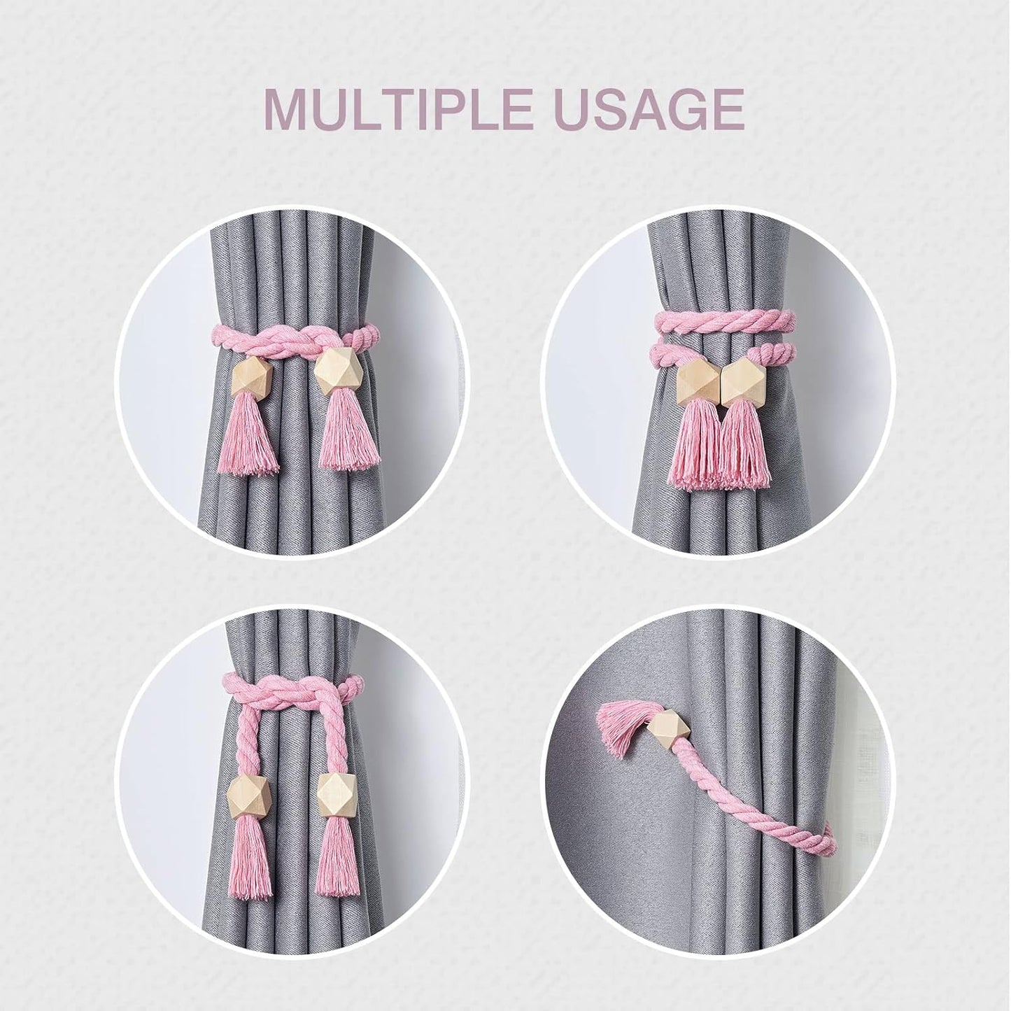 NICEEC 2 Pack Wooden Polyhedron Magnetic Curtain Tiebacks Boho Home Decor Drape Tie Backs Natural Cotton Hand Woven Rope Curtain Holdbacks for Home & Office Window Draperies (Pink)