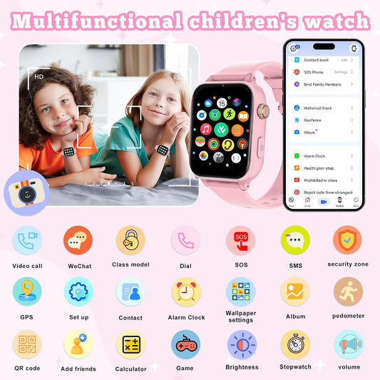 4G Kids Smart Watch GPS Tracker, Smartwatch for Kid with Video Calling, Voice Chat, Class Mode, SOS , Pedometer, Alarm, SIM Card HD Touch Screen Phone Watch Gift for 4-12 Girls Boys (Light Pink)
