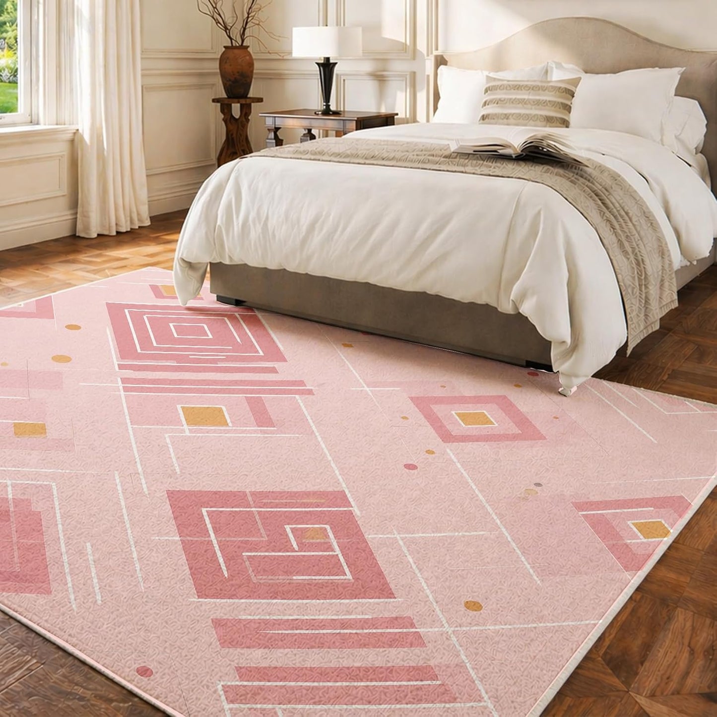 Modern Geometry 5x7 Area Rugs for Living Room, Washable Abstract Geometric Large Rug, Minimalist Pink Pattern Carpet Soft Low Pile Non Slip for Bedroom Home Decor HEC7sc
