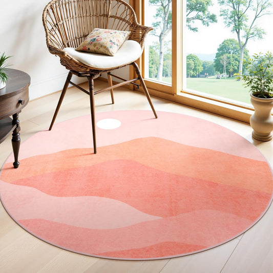 Pink Round Rugs, 4Ft Soft Nursery Rug Non Slip Washable Circle Rug, Modern Mountain Playroom Mat Sunrise Sunset Round Carpet for Kids Room Entryway Bedroom Living Room Dorm