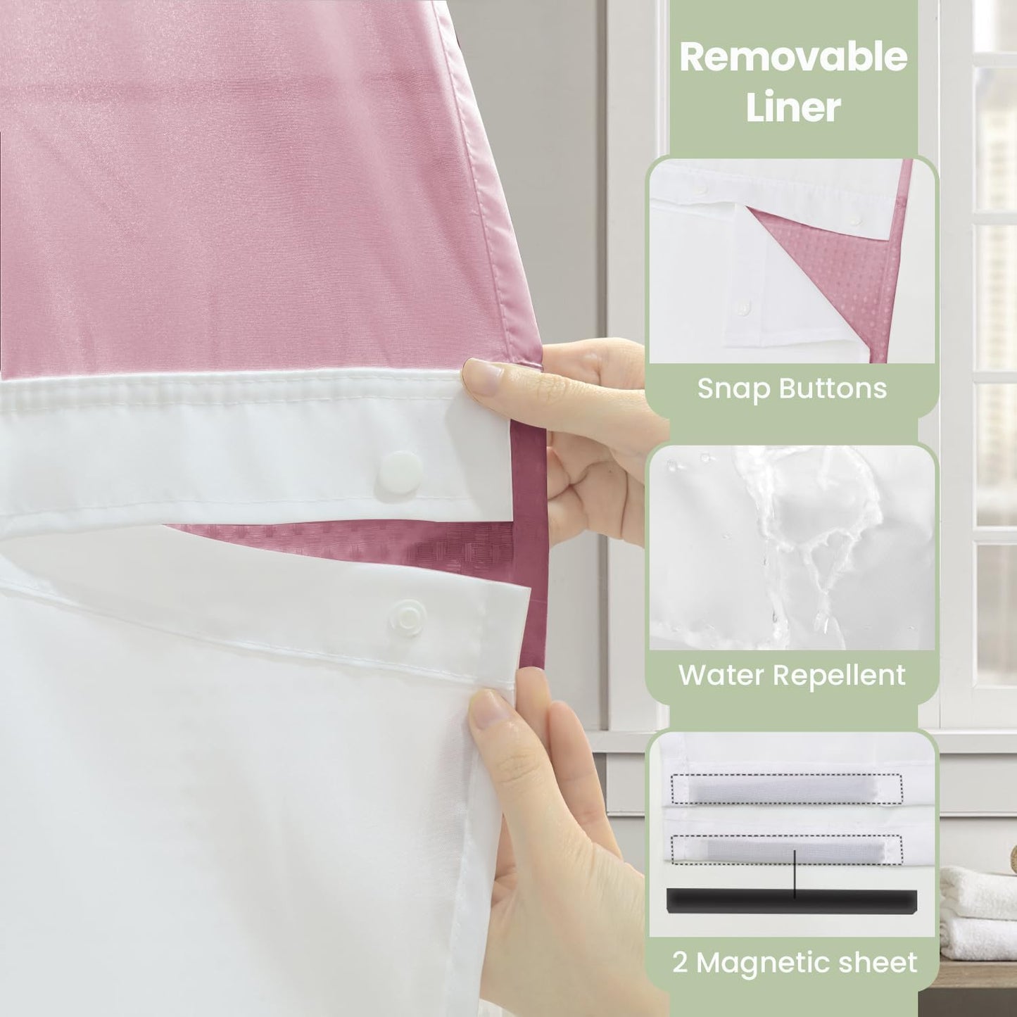 Inhousolu No Hook Shower Curtain with Snap-in Fabric Liner, Waffle Weave 230 GSM Polyester, Weighted Hem, Water Repellent Washable, Mesh Top Window 72" W x 72" L Pink