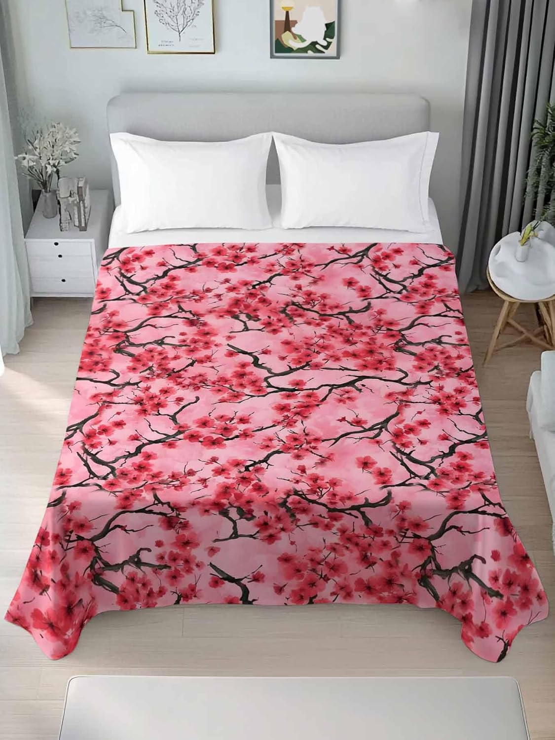 Chinese Flowers Flat Sheets Only Full Size, Soft Breathable Bed Top Sheets for Mattress, Spring Pink Peach Blossoms Floral Luxury Bedding Flat Sheets for Home Hotel Bedroom Bed Protection