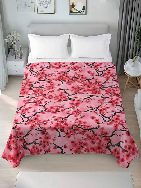 Chinese Flowers Full Size Flat Sheet Only, Hotel Luxury Microfiber Bed Top Sheets, Spring Pink Peach Blossoms Floral Soft Breathable Bedding Sheet for Bedroom, Easy Care - 81" x 96"