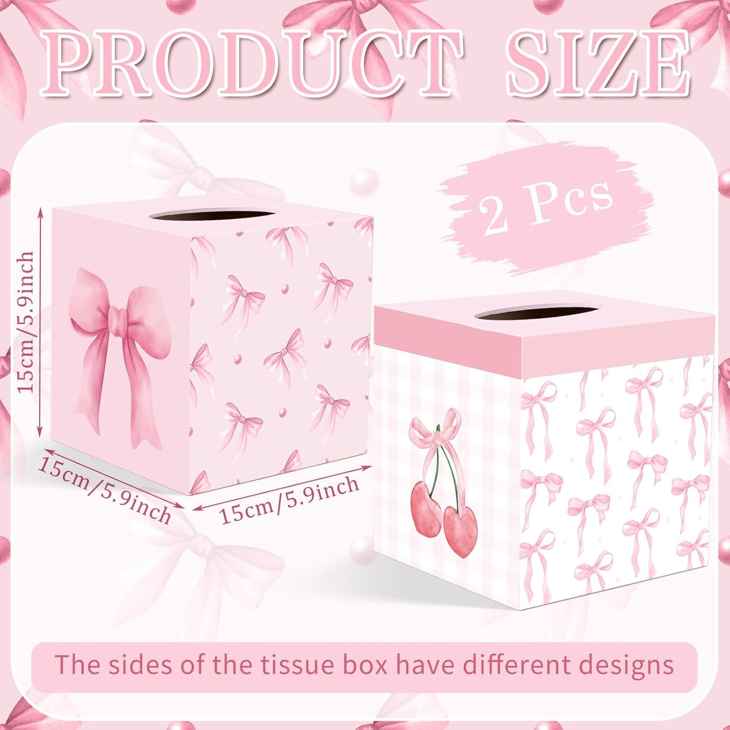 2 Pcs Pink Bow Tissue Box Cover 5.9 x 5.9 x 5.9 Inch Wooden Coquette Bow Decorative Tissue Box Holder Square Paper Towel Holder Cube Boxes Funny Cube Case for Home Pink Party Decorations Supplies