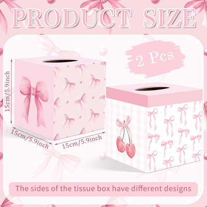 2 Pcs Pink Bow Tissue Box Cover 5.9 x 5.9 x 5.9 Inch Wooden Coquette Bow Decorative Tissue Box Holder Square Paper Towel Holder Cube Boxes Funny Cube Case for Home Pink Party Decorations Supplies
