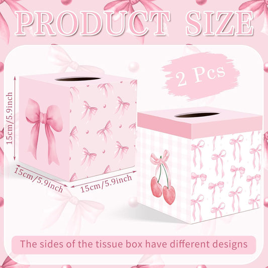 2 Pcs Pink Bow Tissue Box Cover 5.9 x 5.9 x 5.9 Inch Wooden Coquette Bow Decorative Tissue Box Holder Square Paper Towel Holder Cube Boxes Funny Cube Case for Home Pink Party Decorations Supplies