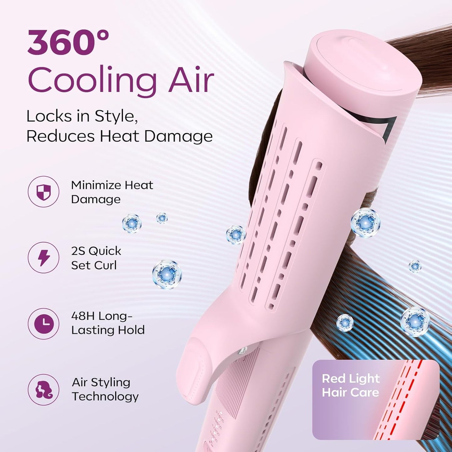 Airflow Curling Iron, Straightener & Flat Iron Combo, Red Light Hair Care, 3-in-1 Hair Styler with Interchangeable Attachments – 300M Negative Ions, Gift for Women, Pink