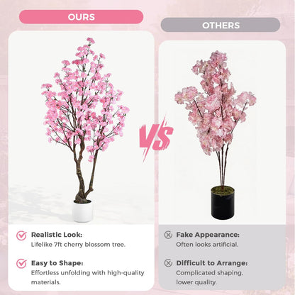 Artificial Cherry Blossom Tree, 7FT Tall Artificial Tree with White Pot, Pink Fake Sakura Flower Tree, Faux Silk Plants for Home, Living Room, Wedding, Garden, Balcony, Hotel Decoration