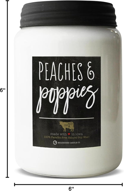 Milkhouse Candle Company Peaches & Poppies Soy Candle - Ripe Peaches | Wild Poppies | Vanilla Bean Scented - 26 oz Farmhouse Jar with Lid, 150+ Hour Burn Time, Made in the USA