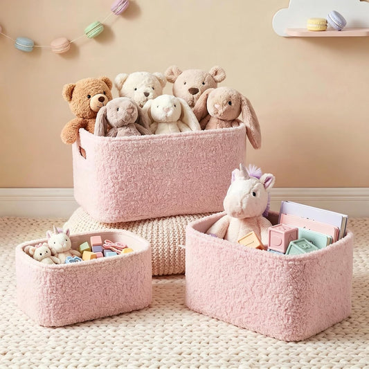 Boucle Storage Baskets Set of 3, Luxury Handmade Nursery Organizing Storage Bins, Nesting Shelf Baskets Decorative Boxes for Gifts, Toy Box for Shelf Closet Home Organization, Pink