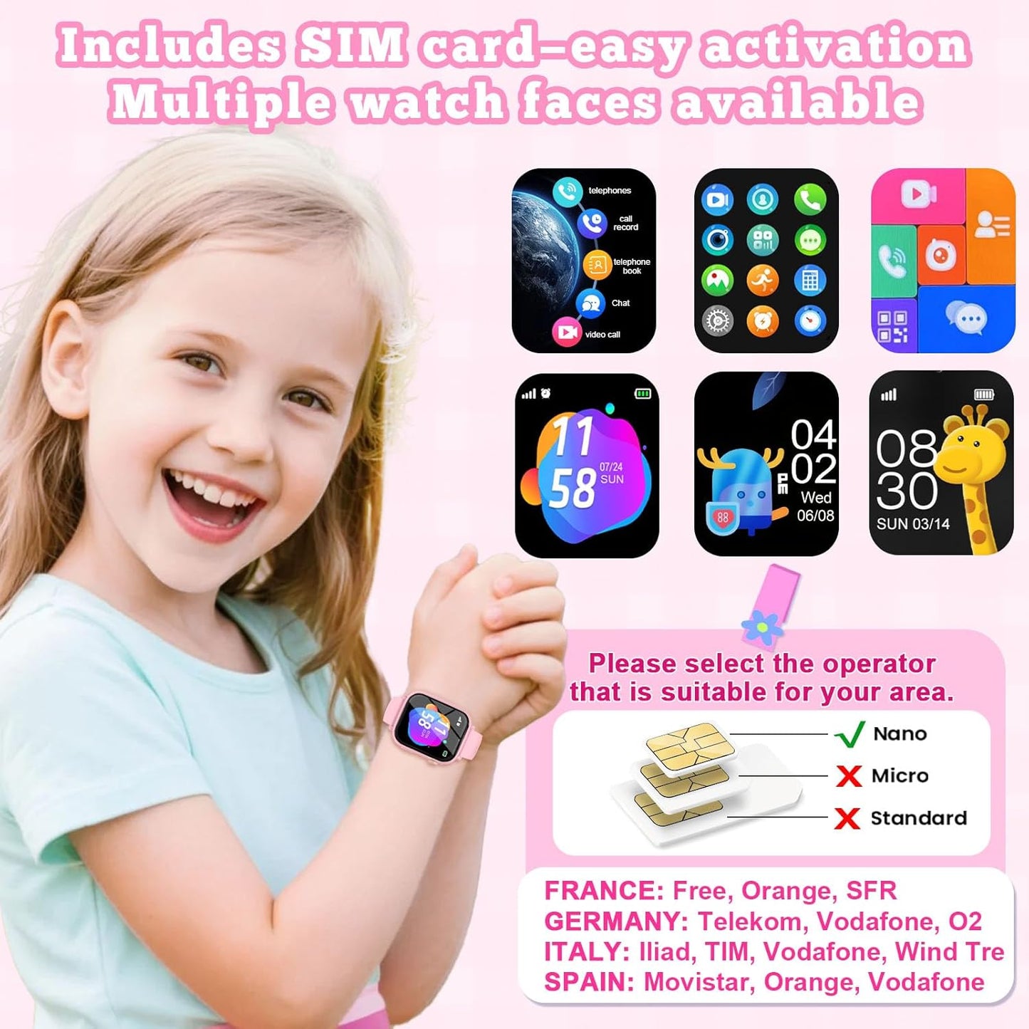 4G Kids Smart Watch GPS Tracker, Smartwatch for Kid with Video Calling, Voice Chat, Class Mode, SOS , Pedometer, Alarm, SIM Card HD Touch Screen Phone Watch Gift for 4-12 Girls Boys (Light Pink)