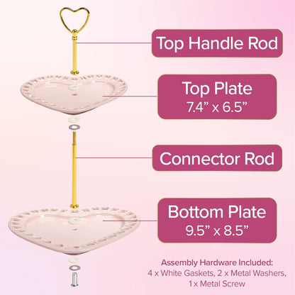 Paris Hilton 2-Tier Heart Serving Tray, Iconic Ceramic Stoneware with Metal Handle, Easy Assembly for Stylish Display, 9-Inch and 7-Inch Plates, Pink