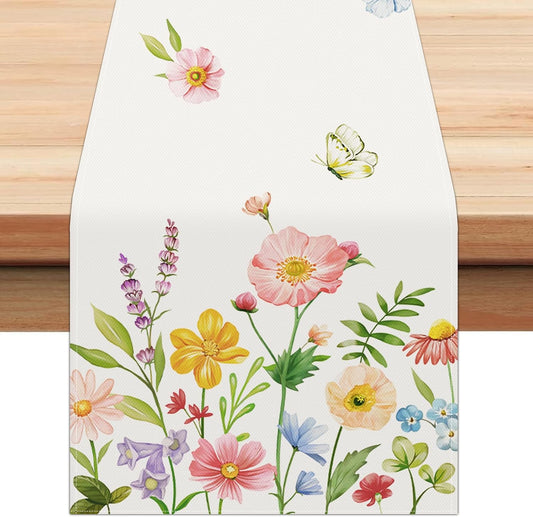 Bonhause Spring Floral Table Runner 13x72 Inch Pink Blue Flowers Green Leaves Butterflies Seasonal Summer Kitchen Dinning Table Decoration for Indoor Outdoor Home Party Decor