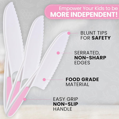 Zulay 3-Piece Kids Knife Set for Real Cooking & Baking - Toddler Knives for Cutting Fruits, Veggies, & Cake - Children’s Montessori Knife with Serrated Edges - Safe & Fun Lettuce Knife (Pink)