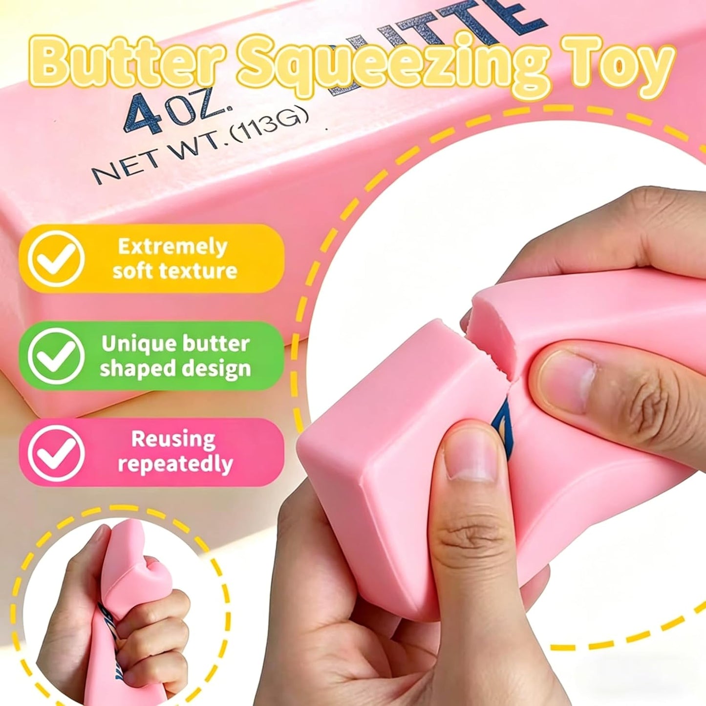 2026 Upgraded Slow Rebound Butters Squeeze Stress Balls, Soft Butters Stick Squishies Toy, Slow Rising Sensory Fidget Toy for Stress Relief & Calming（Pink）