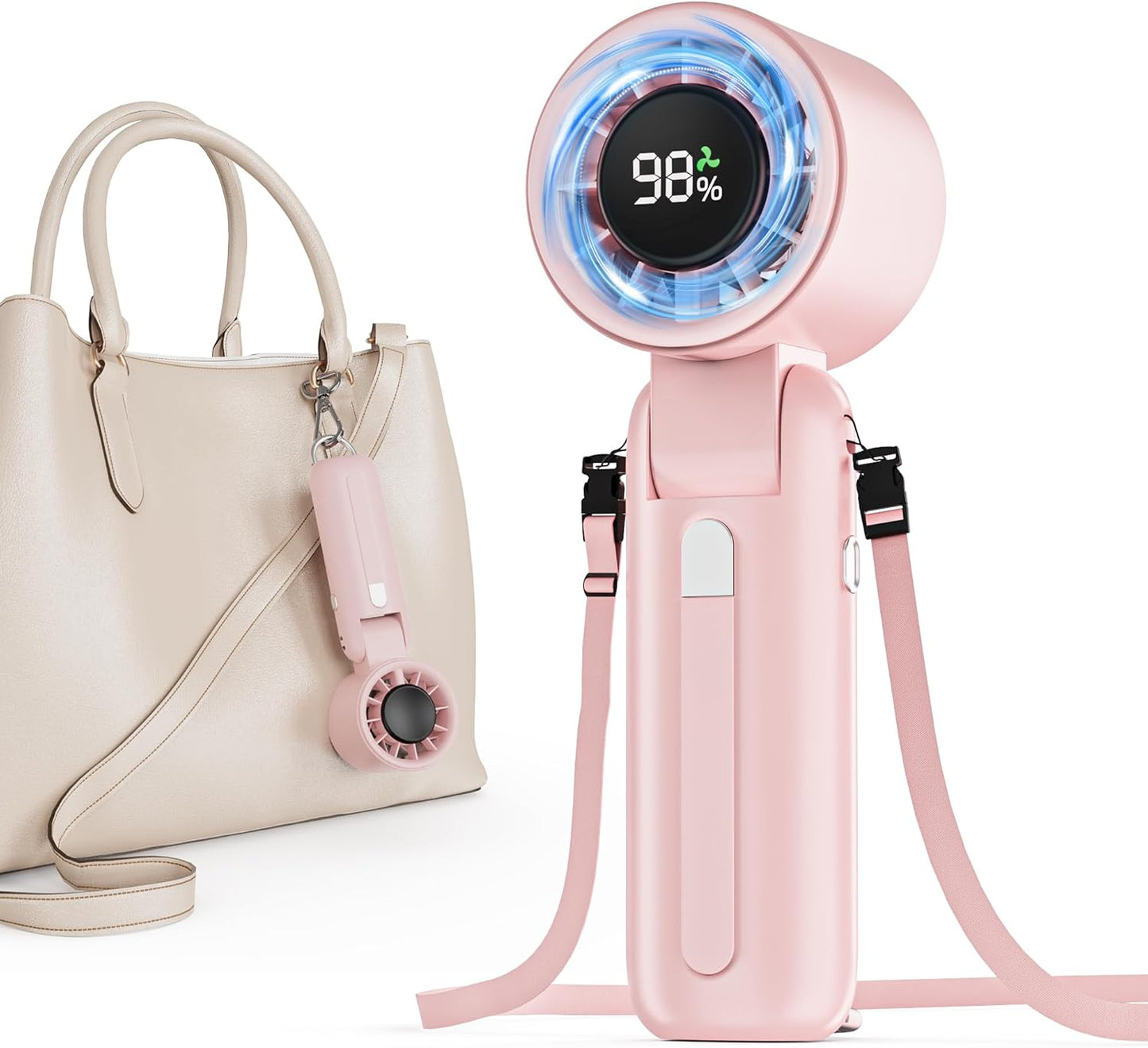 Handheld Turbo Fan, 100-Speed Portable Mini Fan with 12800 RPM Strong Airflow, Foldable 4-in-1 Personal Fan for Travel, Camping, Beach & Office, USB-C Rechargeable, Lightweight & Quiet (Pink)
