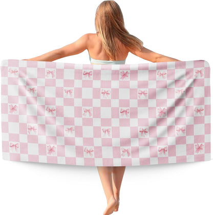 Pink Coquette Bow Checkered Beach Towel, Preppy Beach Towels Oversized Gifts for Women, Girly Aesthetic Checkered Dry Travel Sand Free Towel Decor for Bathroom Swimming Pool 30x60in