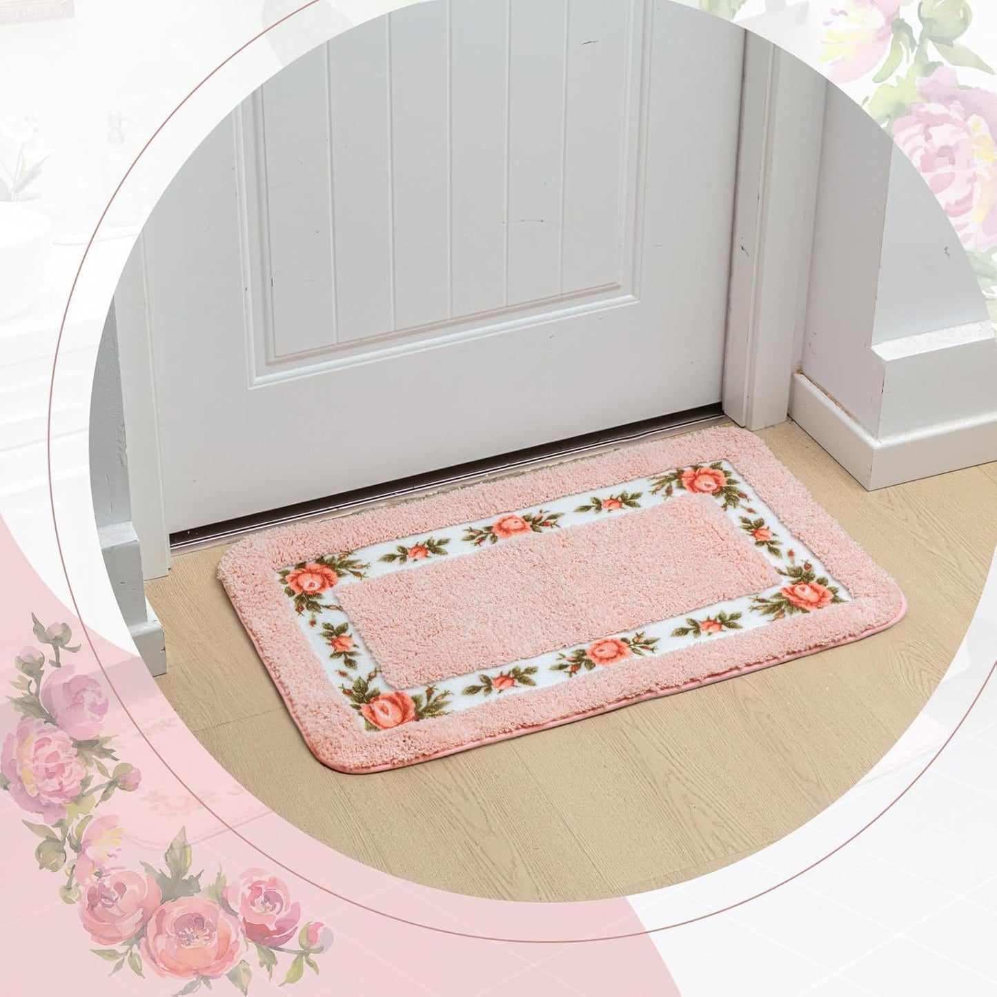 Drydiet 3 Pcs Rose Flowers Bathroom Rugs Set Coquette Room Decor Floral Carpet for Bathroom Bedroom Living Room, Floral Bath Mat Non Skid Romantic Rose Flower Area Rugs 3 Shapes(Pink,Small)