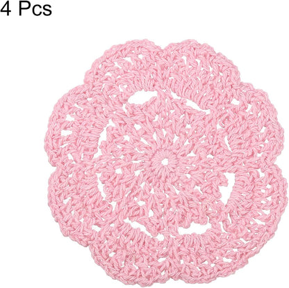 uxcell Crochet Doilies, 4Pcs 4" - Cotton Woven Fabric Coasters, Lace Round Handmade Coasters with Floral Pattern for Wedding Party Decoration (Pink)