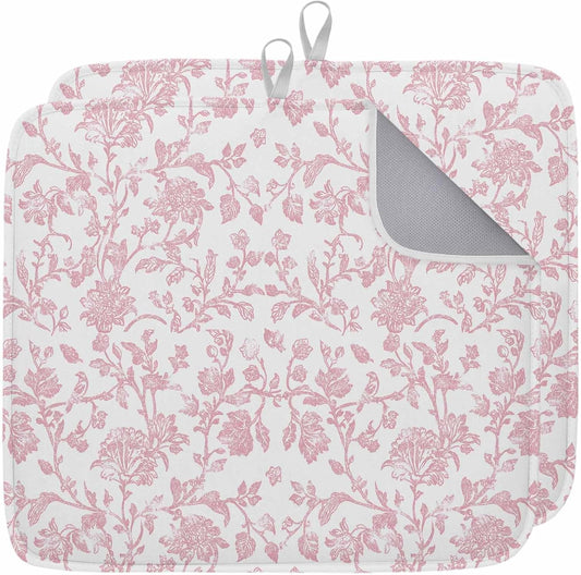 Light Pink Floral Paisley Dish Drying Mat 18x24 inch Boho Leaf Vintage Farmhouse Linen Super Absorbent Microfiber Dish Drying Pad for Kitchen Countertops Sink Dish Drainer Racks Coffee Bar Mats 2 Pack