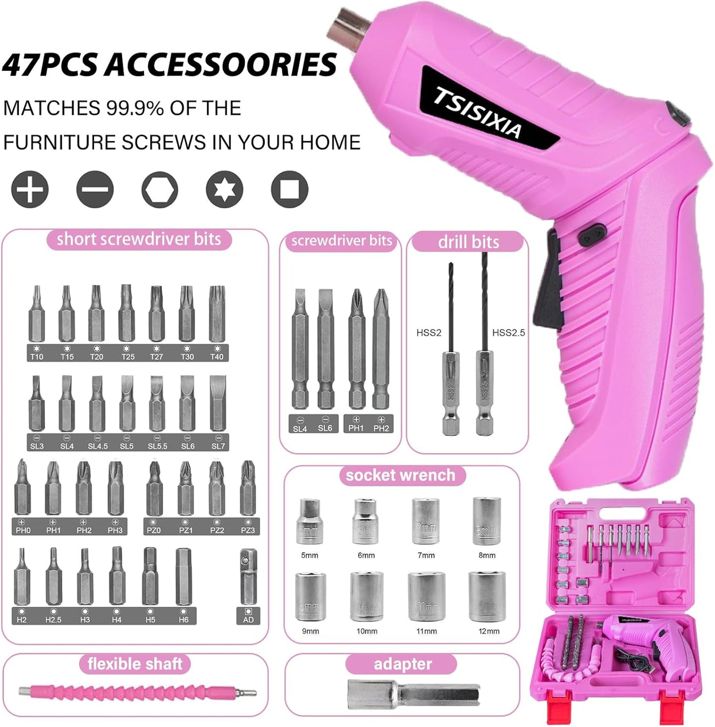 Electric Cordless Screwdriver with Offset Driving Shaft, 4.2V Automatic Rechargeable Screw Driver with 47PCS Bits, Battery Powered Automatic Screw Gun with LED Light & Carry Case Pink Screwdriver Set