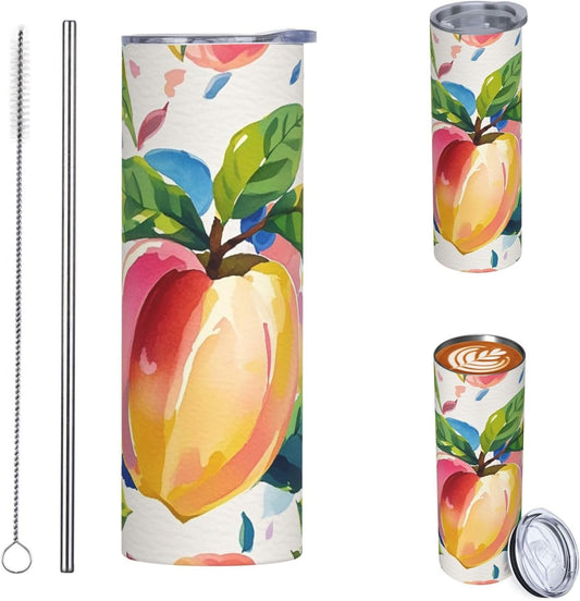 Colorful Peach Watercolor 20oz Tumbler Stainless Steel Insulated Travel Tumblers Leakproof Travel Coffee Mug With Lid And Straw Water Bottle Drink Tumbler Cups Gifts For Women Men Lovers