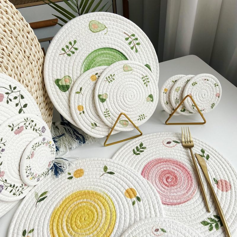 Round Placemats Fruit & Floral Pattern Rope Braided Place Mats Cute Fruit Table Mats,12 Inch,4-Piece Set (Peach,7inch/18cm)