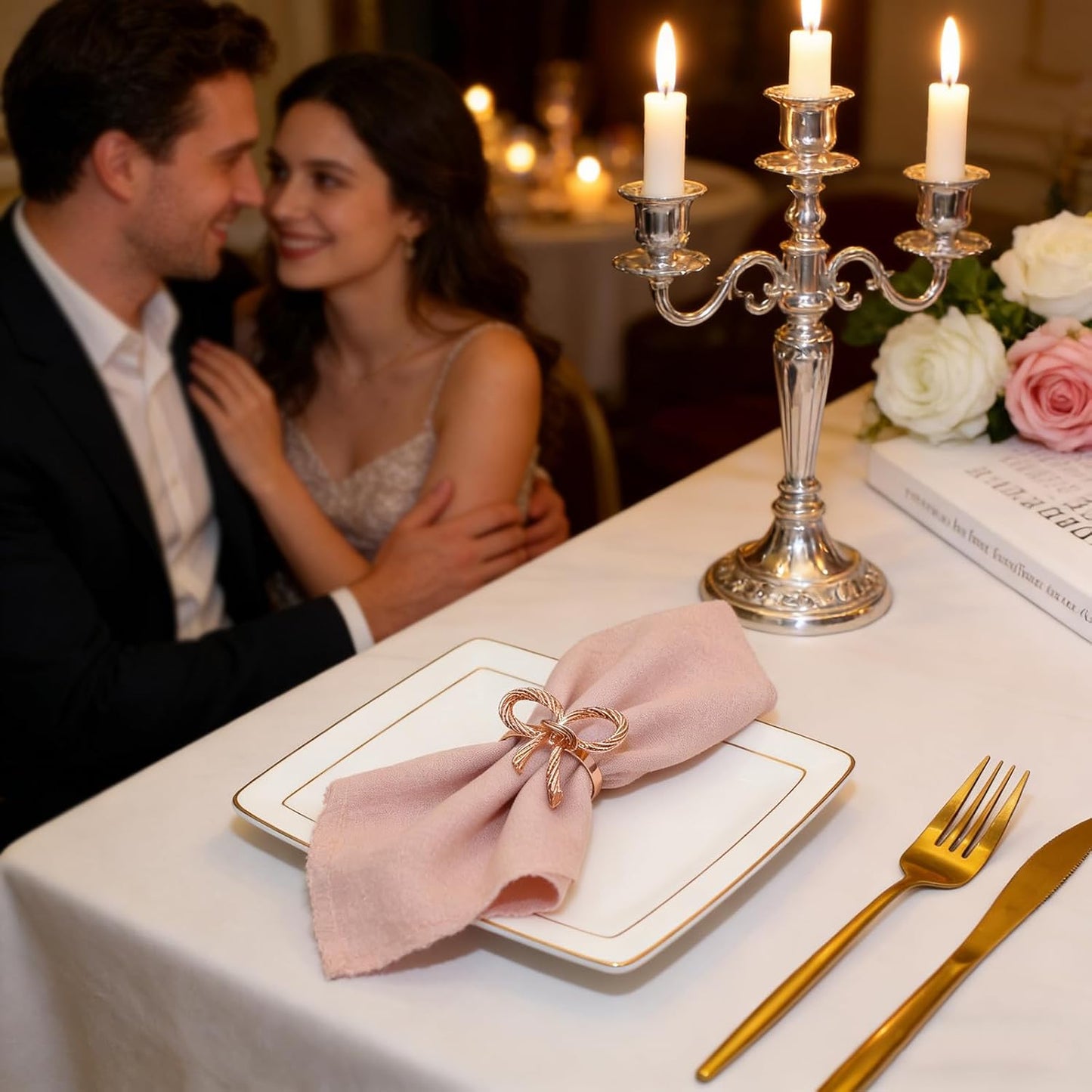 Rose Gold Bow Napkin Rings Set of 24 for Wedding Party Birthday Holiday Family Dinner Daily Table Decor,Elegant Metal Bow Tie Napkin Ring Holders for Valentine's Day Banquet Decoration