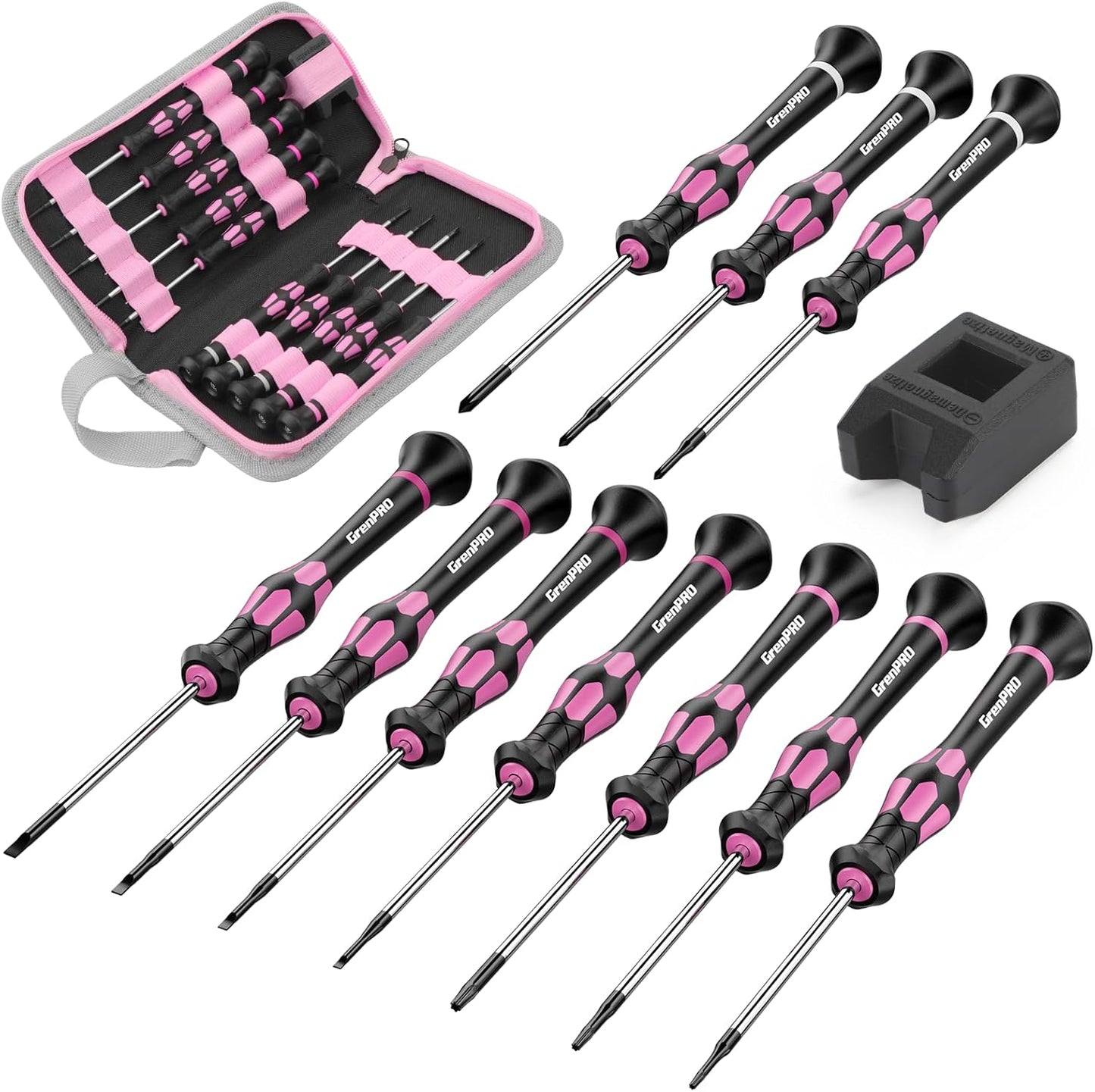 GRENPRO 10-Piece Precision Screwdriver Set, Magnetic Small Screwdrivers with Phillips, Slotted, Torx Star for Eyeglass, Watch, Computer, Laptop, Phone,Pink
