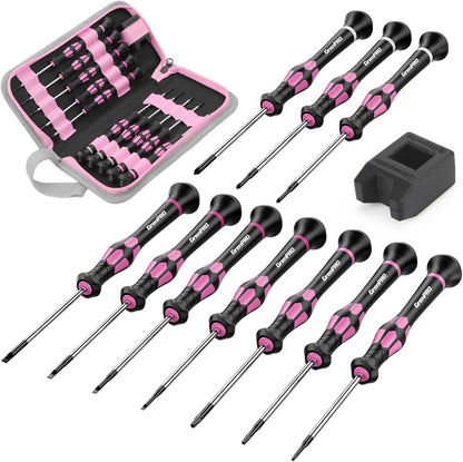 GRENPRO 10-Piece Precision Screwdriver Set, Magnetic Small Screwdrivers with Phillips, Slotted, Torx Star for Eyeglass, Watch, Computer, Laptop, Phone,Pink