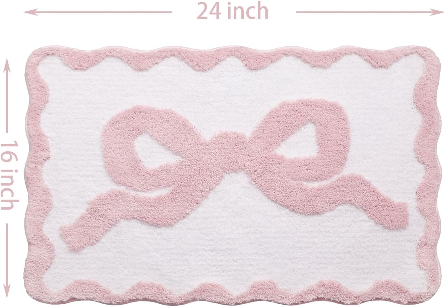 Pink Bow Bath Mat for Bathroom 16"x24", Cute Small Bath Rugs with Scalloped Edges, Soft Microfiber, Non-Slip, Aesthetic Coquette Room Decor for Vanity, Shower, Bedroom, Sink Area