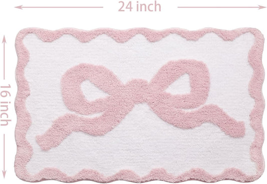 Pink Bow Bath Mat for Bathroom 16"x24", Cute Small Bath Rugs with Scalloped Edges, Soft Microfiber, Non-Slip, Aesthetic Coquette Room Decor for Vanity, Shower, Bedroom, Sink Area