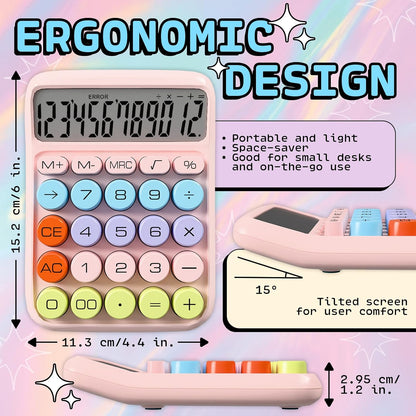 Zeno Pink Calculator – Cute Desk Calculator with Big Buttons, 12-Digit, for School, Office & Pink Desk Accessories