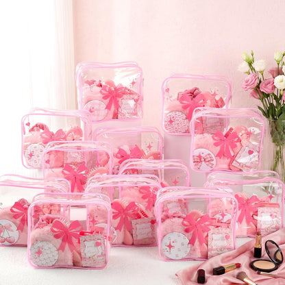 Honeydak 120 Pcs Pink Spa Sleepover Party Favors Coquette Bow Bracelets Eye Mask Wristband Scrunchie Spa Headband Mirror Hair Comb Bow Cards Claw Clips Bowknot Makeup Bags for Slumber Party Supplies
