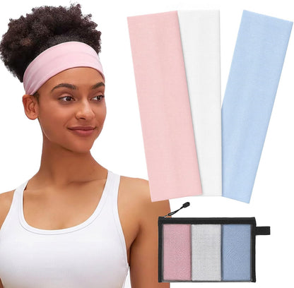 Headbands for Women Non Slip, Soft Cotton Elastic Cloth Hairband for Workout Gym Running Sports, Sweat Wicking Wide Headband, 3 Pack with Bag