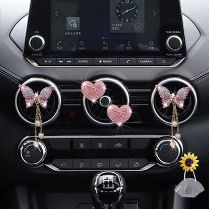 Pink Heart & Butterfly Pandent Air Vent Clips, 4 Pcs Bling Heart Car Air Fresheners Vents Clips Diamond Interior Decor Bling Cute Car Accessories Decoration for Women +Sunflower Mask Hook