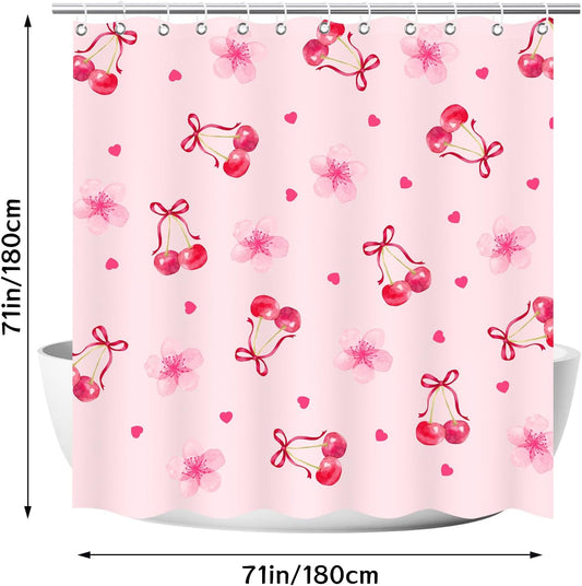 Cherry Shower Curtain, Pink Shower Curtain with Floral Heart Cherry Decoration, 71x71 Inches Waterproof Fabric Bathtub Curtains for Girls Kids Bathroom Decor
