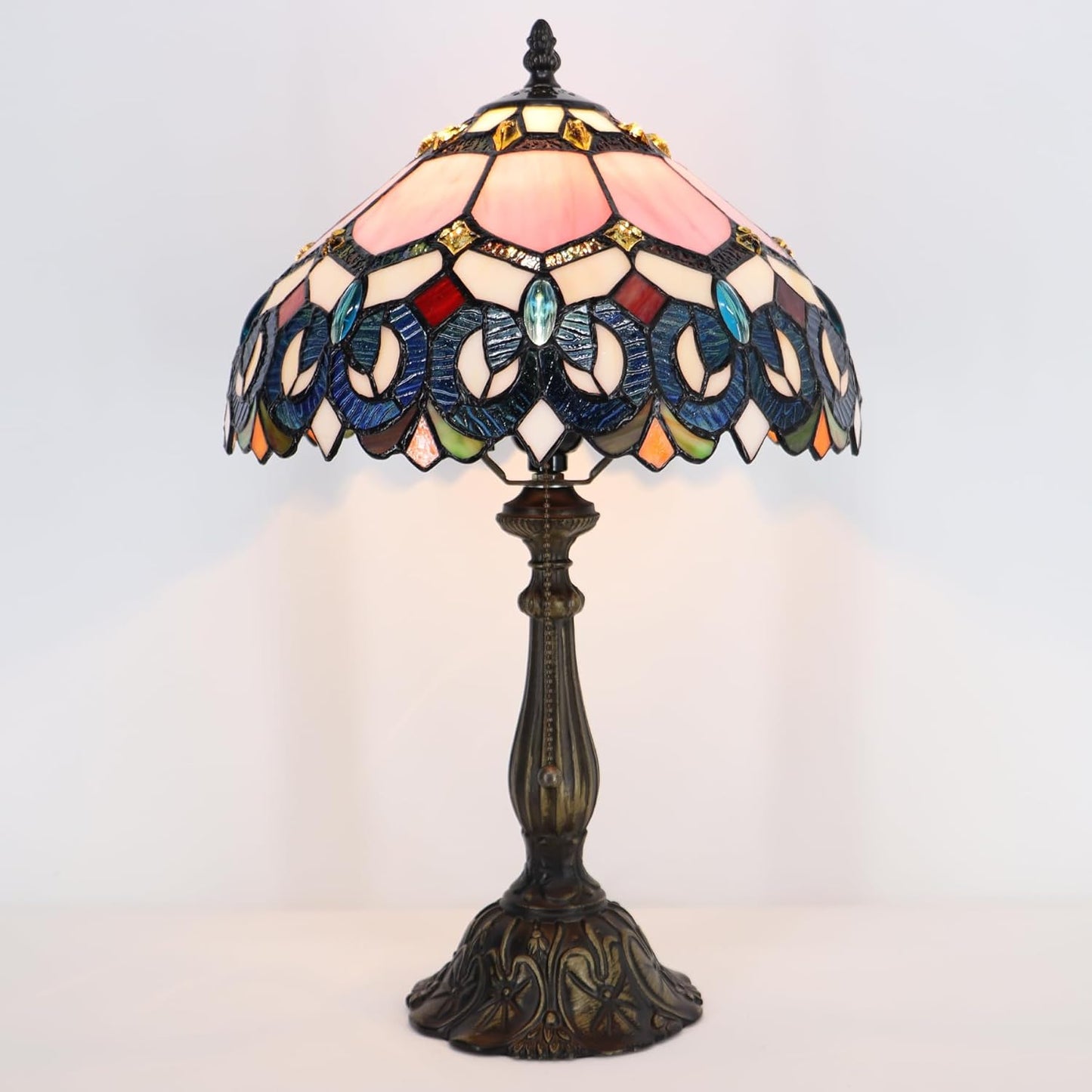Tiffany Lamp Pink Stained Glass Table Lamp Bedside Reading Light W12H19 Inches (Pink Baroque Style)