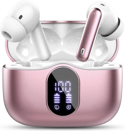 Wireless Earbuds, Bluetooth 5.4 Headphones Bass Stereo, Ear Buds with Noise Cancelling Mic, LED Display in Ear Earphones Clear Calls, IP7 Waterproof Bluetooth Earbuds for Laptop/Phones, Rose Gold