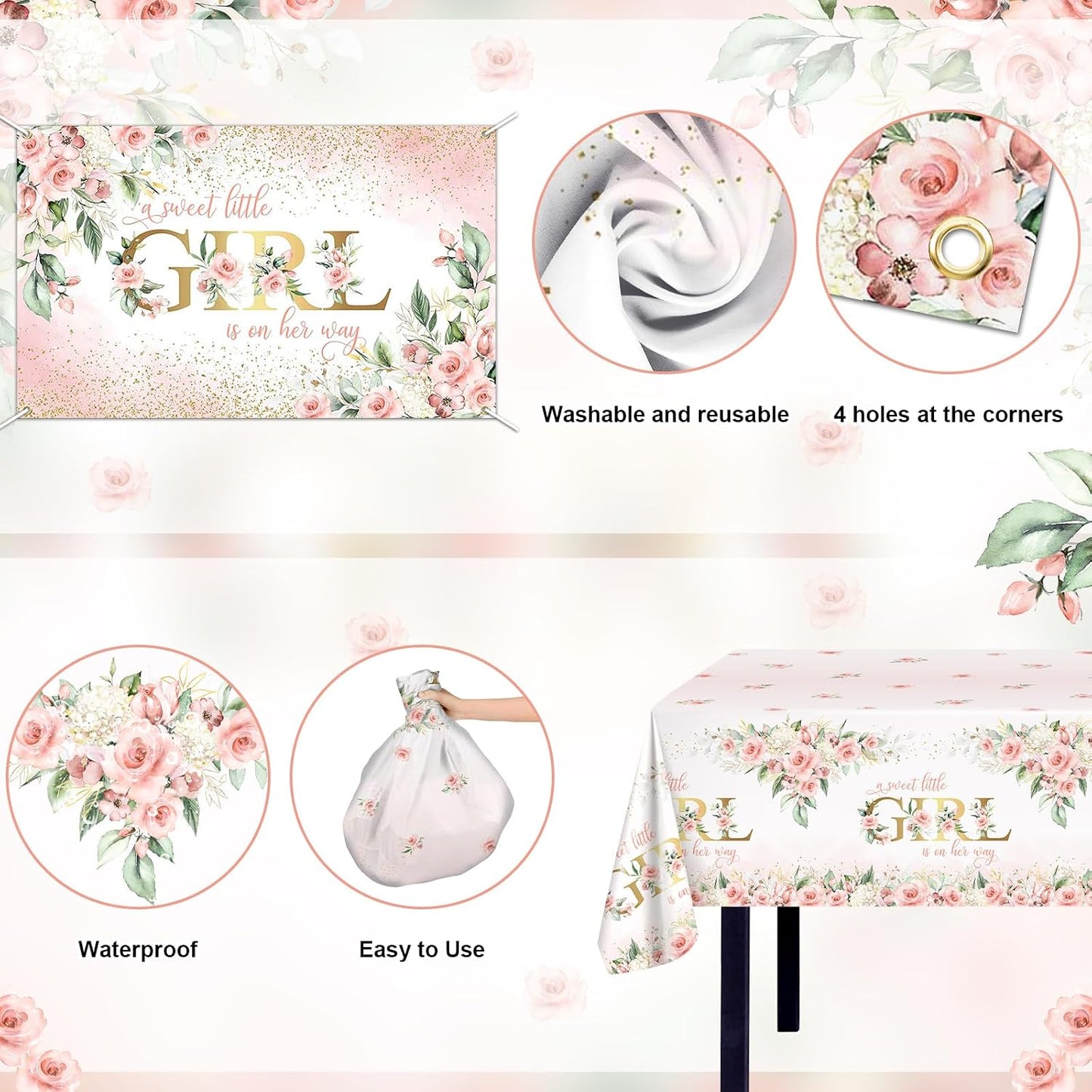 Baby Shower Decorations for Girl 278 Pcs Pink Floral Baby Shower Party Supplies: Little Girl Is on Her Way Banner, Plates, Napkins, Cups,Tablecloth, Balloons, Serve 24