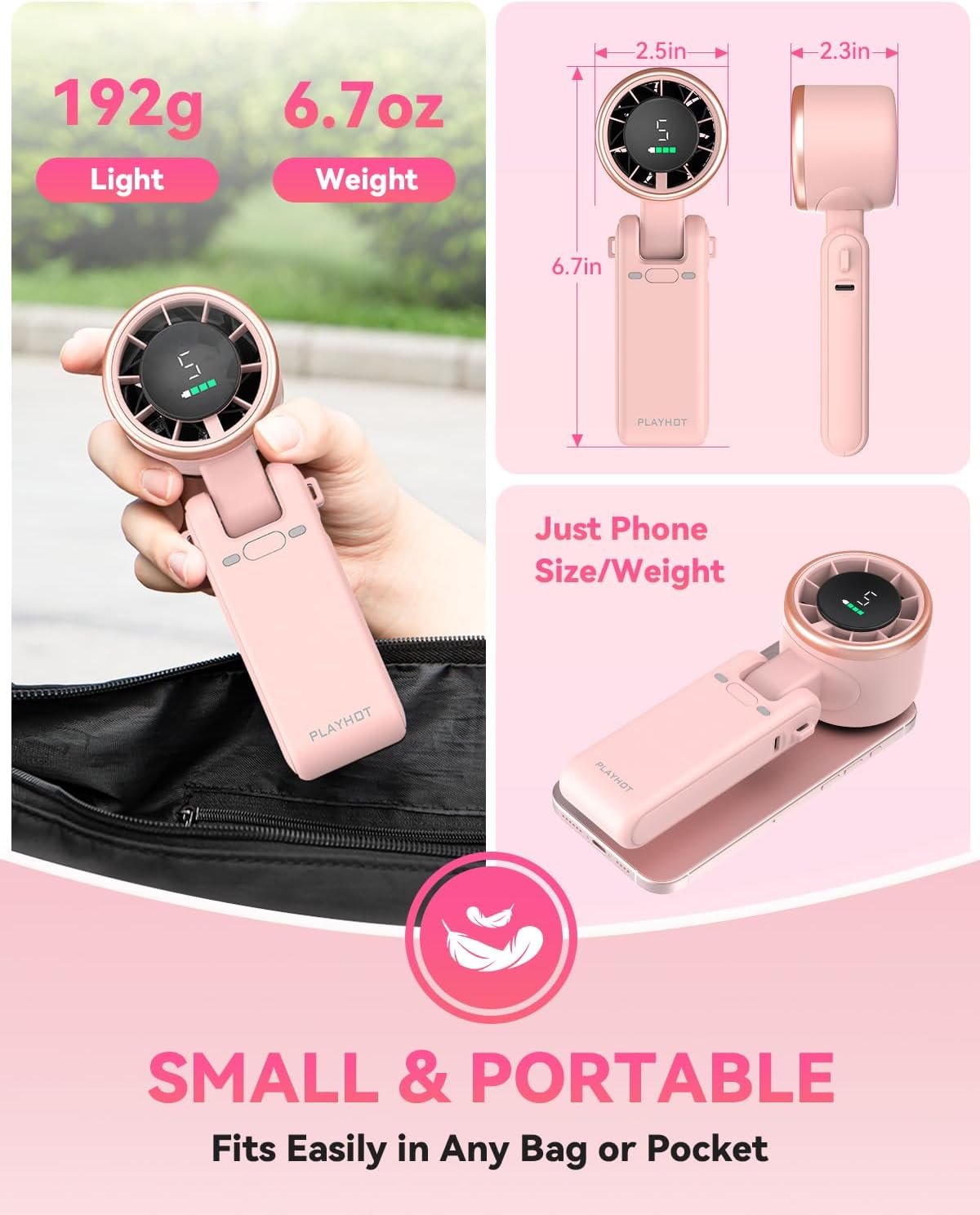 PlayHot Portable Handheld Turbo Fan, 5-Speed Personal Fan, USB-C Rechargeable Fan Up to 12 Hours, 3 IN 1 Hand Fan with Air Turbo Tech Cooling, Travel Fan for Cruise, Beach, Gifts for Women (Pink)